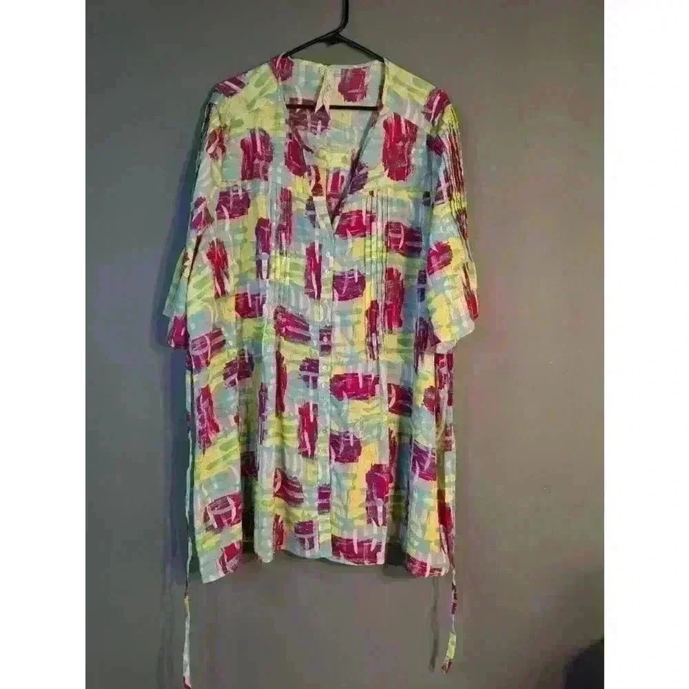 Melissa McCarthy Seven7 Blouse 2X Yellow Pink tie back tunic abstract colorful